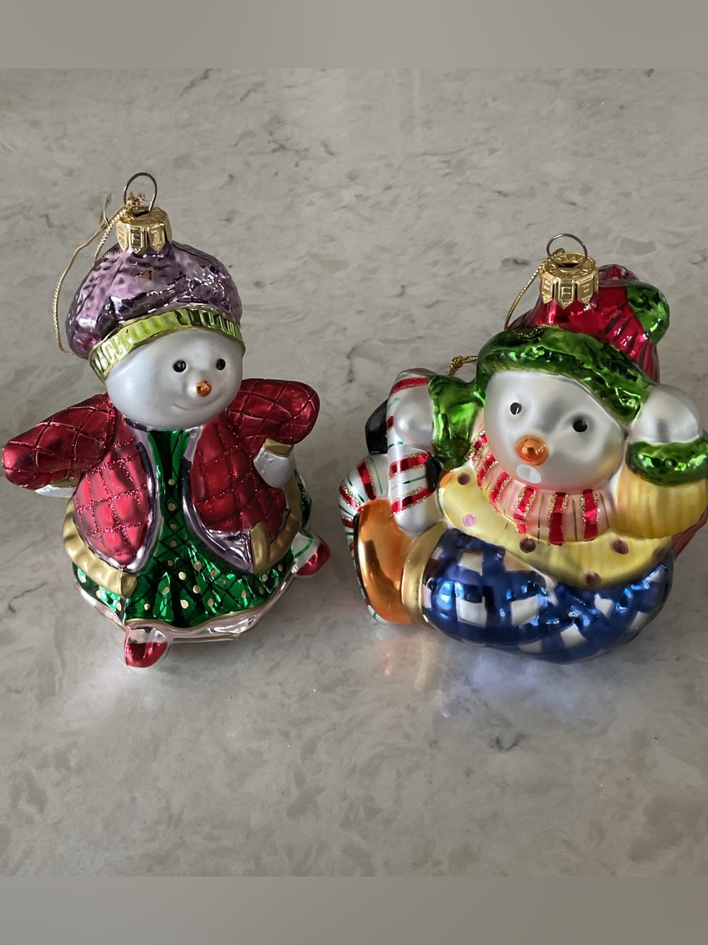 Fitz & Floyd 2003 Glass Snowman Couple 4” Ornaments, Set of 2
